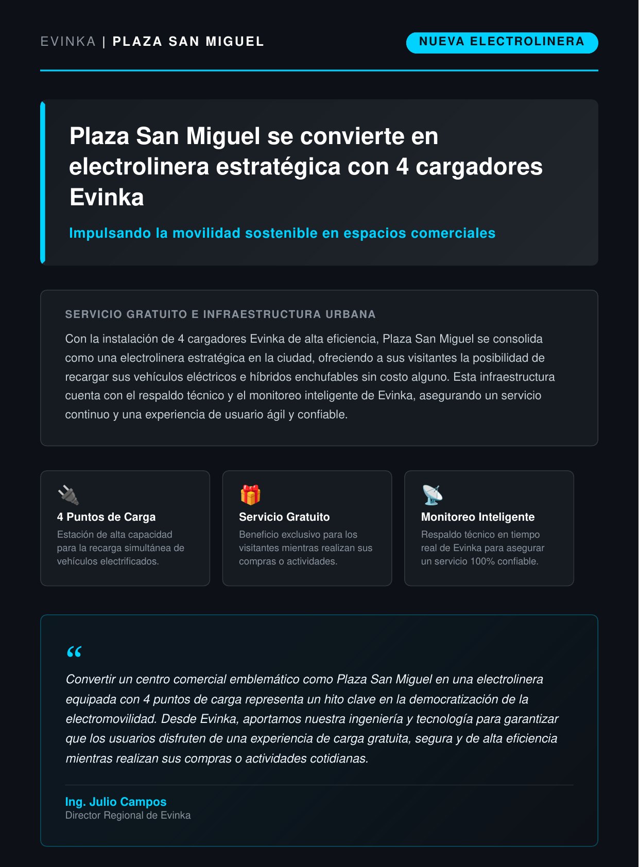 Comunicado oficial: Plaza San Miguel se convierte en electrolinera con 4 cargadores Evinka